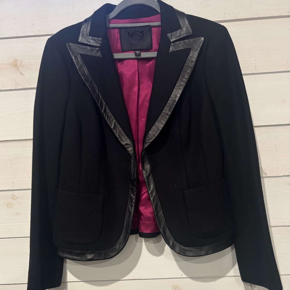 bebe Black Blazer with Pink Lining and Leather Trim